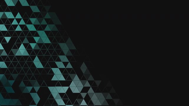 A moody, dark gray background with a concentrated cluster of teal and emerald triangles in the corner, fading into a subtle wireframe. Copy space. Loop animation.