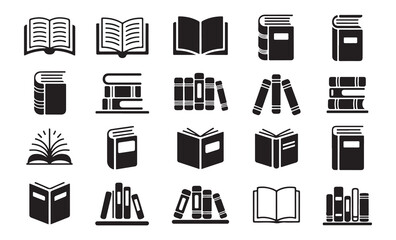 Assorted book icons showing open closed stacked and shelved arrangements conveying concepts of learning knowledge education and literature studies