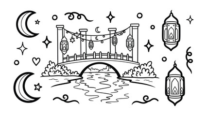Naklejka premium Celestial Bridge and Lanterns: An illustrative representation of a charming bridge adorned with lanterns under a crescent moon, evoking a sense of tranquility and cultural ambiance.