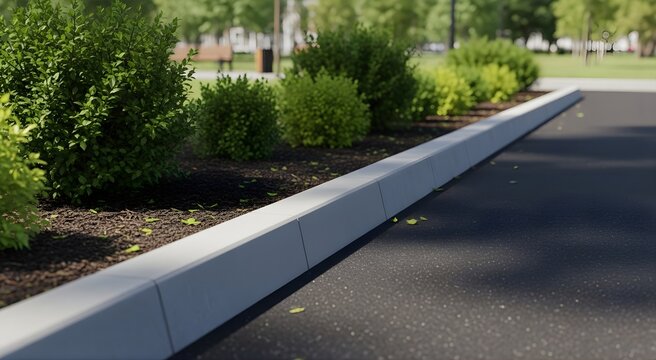 Close-Up of Modern Concrete Curb Along Asphalt Road with Green Bushes and Mulch