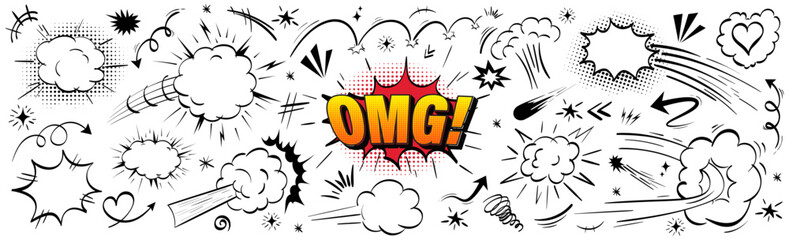 Obraz premium Cartoon explosion vector kit with comic speed lines, bright orange halftone text OMG, burst smoke and broken heart. Superhero impact frame effect for pop animation, doodle air element bundle.