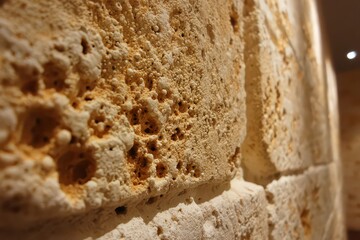 Close Up of Tan Brick Wall with Textured Surface Under Diffused Lighting Displaying Shadows and Detailed Brickwork in an Indoor Setting