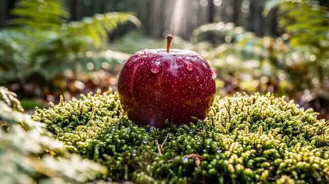 Isolated perfect red apple resting dramatically centered on thick vibrant green moss in a natural environment ecosystem, perfect red apple, conceptual
