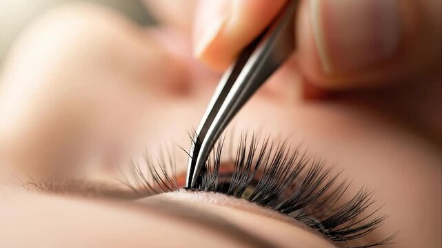 Applying eyelash extensions close up beauty treatment professional procedure