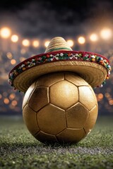 Golden Soccer Ball with Sombrero Hat in Stadium Lights