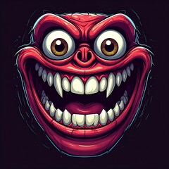A cartoonish, red, smiling face with large eyes and sharp teeth