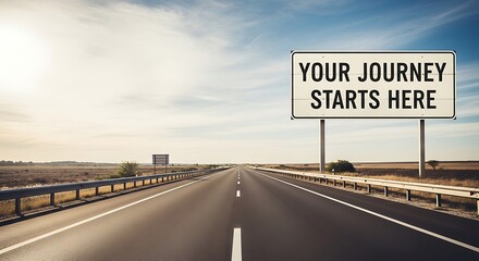 Empty highway road with a journey starts here sign and guardrails  rural landscape