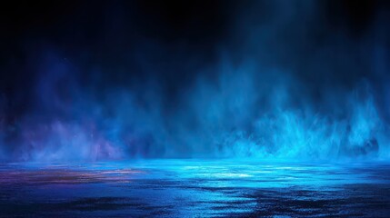 Dramatic Blue Vapor on Dark Asphalt Background With Wet Reflective Surface and Dim Red Accents Low Angle Shot