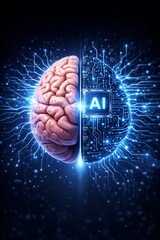 Human brain and artificial intelligence merging concept with glowing circuit board design