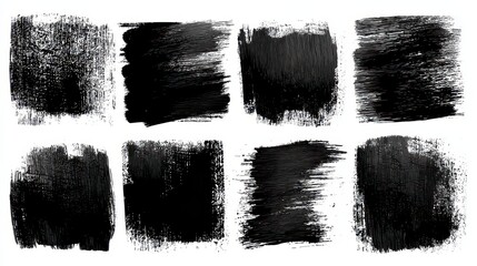 Eight Black Paint Brush Strokes Texture Isolated on White Background For Design Element