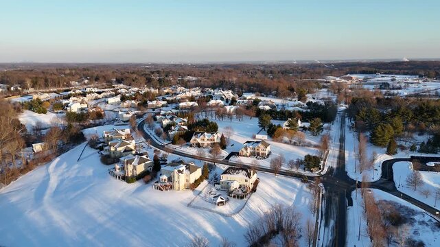Aerial view of a single-family house community in Garnet Valley, Delaware county, suburb of Philadelphia, Pennsylvania after snow in winter