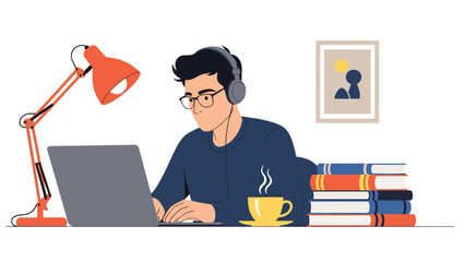 Fototapeta premium Focused student wearing headphones and glasses while working on a laptop at a desk stacked with books and a steaming cup of coffee.