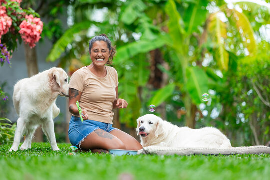 Happy woman playing bubbles with golden retriever dogs in garden