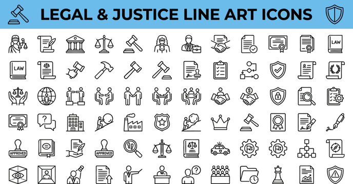  Set of 30 outline icons related to justice scale. Linear icon collection. Editable stroke. Vector illustration 