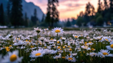 Field of White Daisies with Yellow Centers Against a Backdrop of Forest and a Dramatic Pink and Orange Sunset Sky in a Serene Outdoor Setting