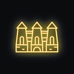 Naklejka premium Simple line drawing of a castle with glowing neon yellow outline, isolated on a black background