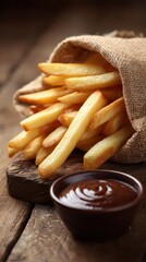 Golden French Fries Overflowing from Burlap Sack with a Bowl of Brown Dipping Sauce on a Rustic Wooden Surface with Soft Natural Lighting