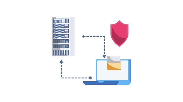 A laptop featuring a shield graphic alongside a server, representing secure data management and protection.