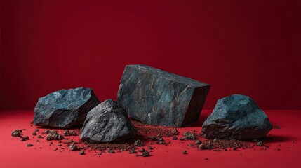 Iridescent Metallic Mineral Rocks on Red Surface with Sparkling Grains and Rich Textures Against Dark Red Background in Studio Lighting
