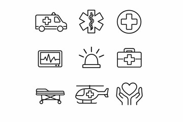Medical emergency icons set featuring ambulance, helicopter, and first aid symbols