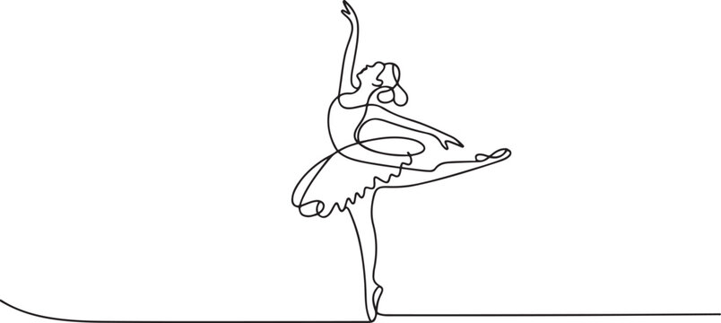 Single continuous line drawing pretty ballerina in ballet motion dance style. Beauty sexy dancer concept logo, Minimalist poster print art. one line Icon drawing