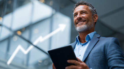 Fototapeta premium A high-quality lifestyle photo of a happy male business professional in a suit smiling while looking at a tablet with upward financial growth charts in a modern office.