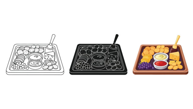 Assortment of appetizers and dipping sauces a serving platter, including fried snacks, cheese, grapes, and condiments, presented in three styles outline, silhouette and full color illustration