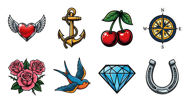 Old school tattoo sticker set including heart, anchor, cherries, compass, roses, swallow, diamond, and horseshoe isolated. Retro flash art collection for nautical and traditional designs.