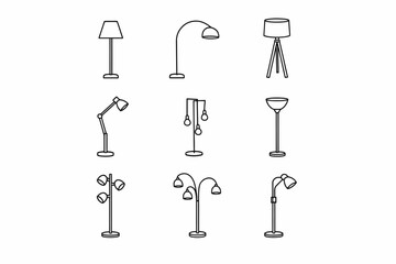 Collection of various floor lamp icon designs in black and white