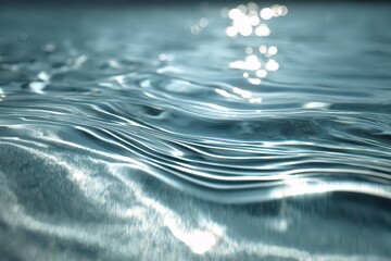 Macro Shot Of Clear Water Surface Ripples Under Bright Sunlight Creating Sparkles Against Blue Background