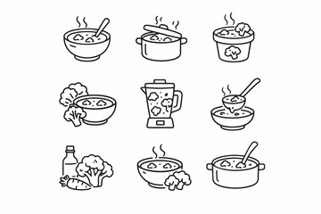 Collection of soup icons: bowls, pots, and ingredients in line art style