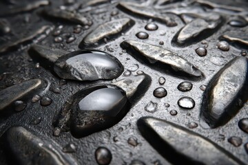 Macro Shot of Water Droplets on Dark Gray Diamond Plate Metal Texture with High Contrast and Metallic Sheen Creates an Abstract Wet Industrial Background