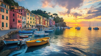 Vibrant fishing boats line the coastal harbor at sunset near colorful houses in a serene seaside village
