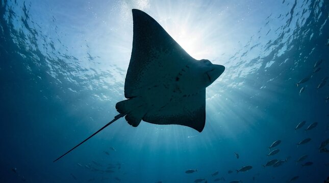 Silhouette of Eagle Ray swimming underwater against sunlight surface in blue ocean low angle view