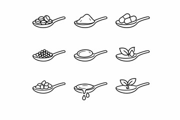 Variety of sugar types on spoons: illustrated icons of granulated, cubes, brown, and liquid sugar