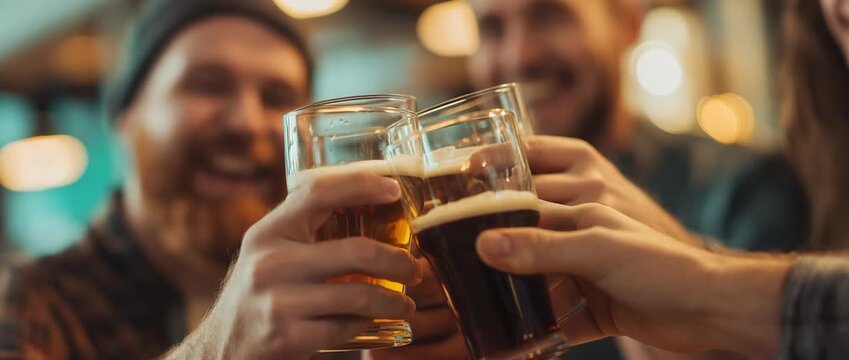 People cheering drinks together at St. Patrick&rsquo;s Day party, friendship and celebration concept 