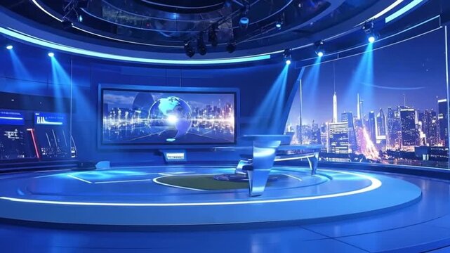 Modern television studio set with blue lighting and city skyline background.