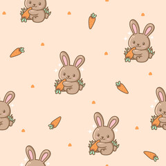 Obraz premium Cute Bunny Eating Carrot Seamless vector design for print on textile, wrapping, backdrop and other uses.