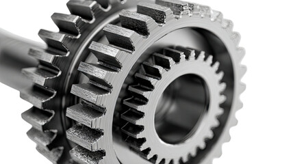 A collection of industrial metal gear wheels and steel cogs isolated on a white background representing mechanical engineering technology and the concept of teamwork in machinery