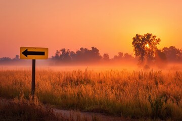 Scenic Meadow with Directional Signpost at Sunrise Amidst Fog and Mist in Orange Light Hues Landscape with Trees and Plants