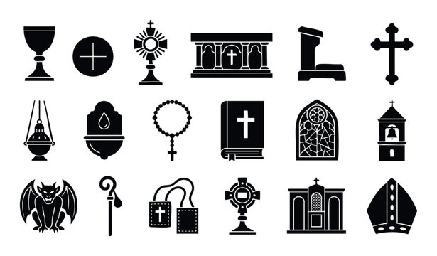Collection of Christian religious symbols and sacred objects in black solid silhouette for spiritual design projects and church event related resources
