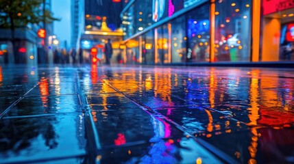 Obraz premium Vibrant reflections in a futuristic urban landscape at dusk with glistening rain-soaked pavement and illuminated buildings