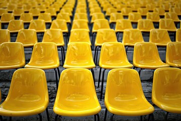 Rows of Shiny Yellow Plastic Seats in an Outdoor Stadium under Bright Lighting Filling the Frame with Uniformity and Symmetry and Abstract Geometric Composition