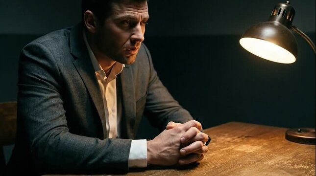 Tense Man in Suit Sits at Wooden Table Under Interrogation Lamp in a Dimly Lit Room, Suggesting Serious Conversation or Investigation