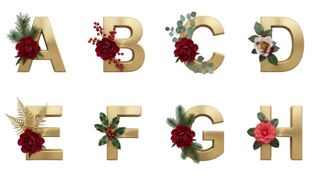 Gold 3D alphabet letters set including A to H decorated with floral and botanical elements isolated. Luxury festive typography and christmas stationery collection.