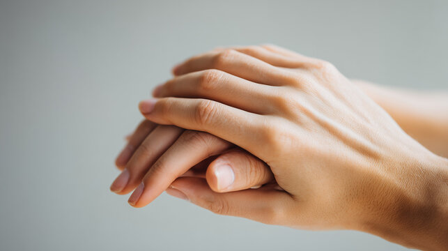 A high-quality close-up of hands gently protecting and covering another hand, creating a powerful symbol of trust, care, support, and emotional connection on a neutral background.