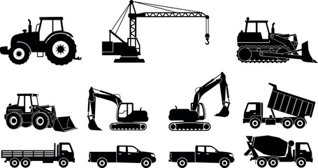 Construction machinery and transport silhouettes collection featuring tractor, crane, bulldozer, excavators, dump truck, concrete mixer, pickup and flatbed vehicles isolated on white background © Emon