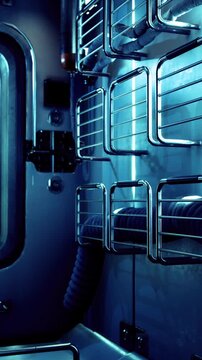 bluelit cryogenic storage racks lining corridor with stainless alloy panels, sealed compartments, visible pipework and digital monitors. aiassisted