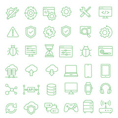Green Technology Outline Icons Pack for Software and Network Systems