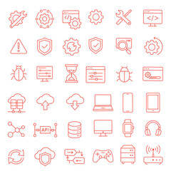 Red Technology Line Icons Set for Web UI and Software Design